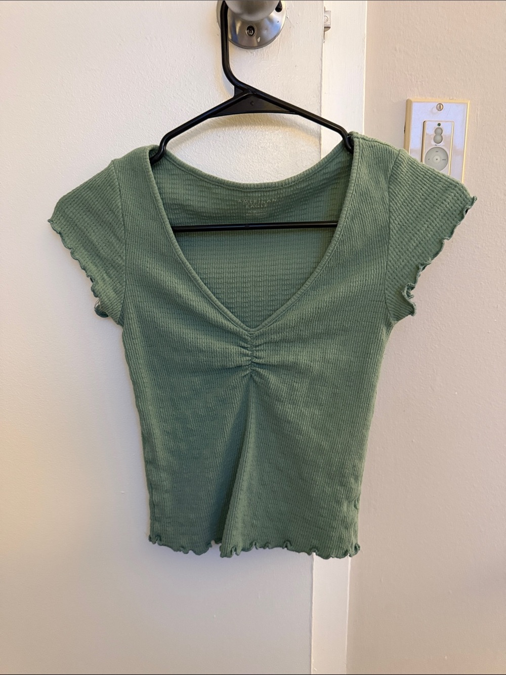 American Eagle Outfitters Olive Green Ribbed V-Neck Tee